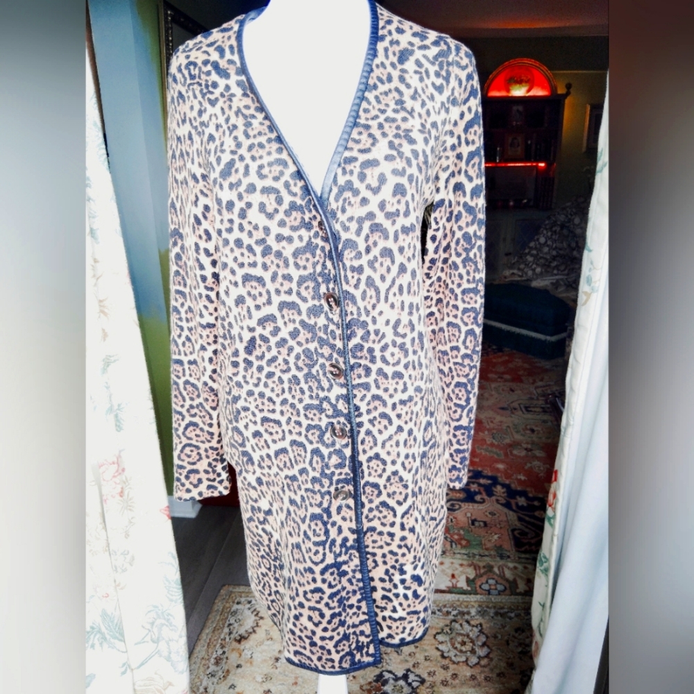 Neiman Marcus Cashmere & Leather Long Cardigan Leopard Animal Print Sz M